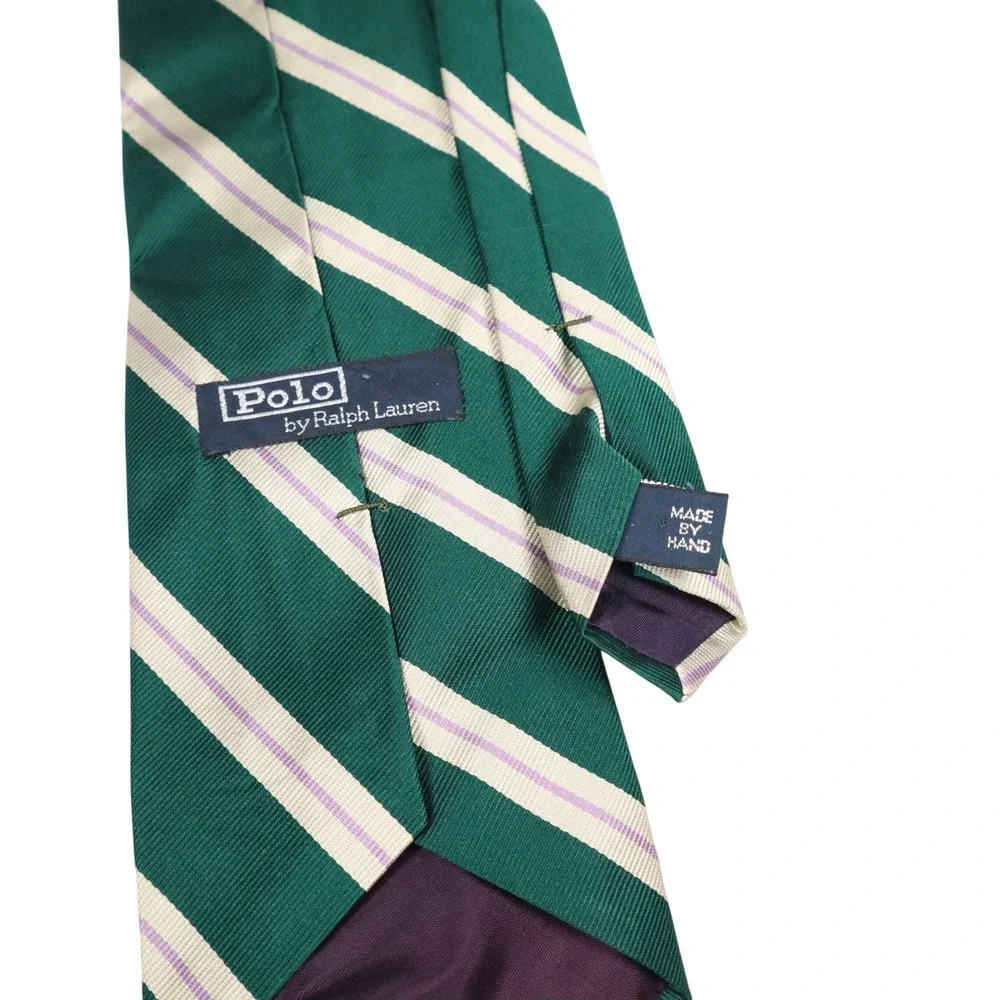 Polo Ralph Lauren Green Cream Silk Repp Stripe Necktie Lavender Made by Hand USA